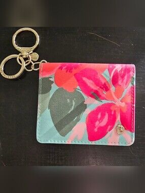 New Without Tag Spartina 449 Keychain Wallet ID Case Floral Pink Gold Tropical